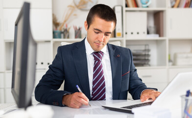 Fototapeta na wymiar Successful businessman working with papers and laptop in office