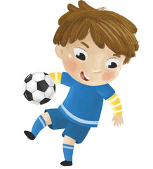 cartoon scene with kid playing running sport ball soccer football - illustration for children