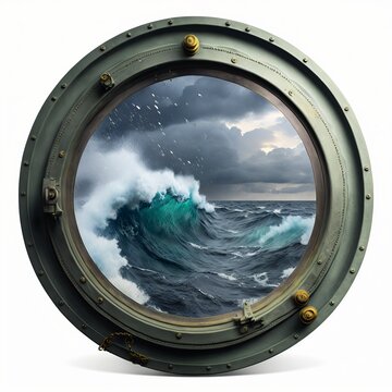 illustration, porthole of a ship view of a stormy sea, ai generative