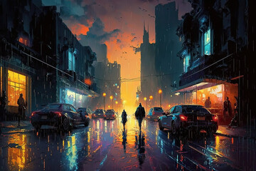cyberpunk style city Streets life at sunset sky ,at night, under small rain ai illustration, oil effect style, 