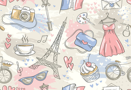 Seamless Paris pattern. Repeating template with Eiffel Tower, French flag, romantic dress, coffee and hearts. Design element for postcard, clothes and wrapping paper. Cartoon flat vector illustration