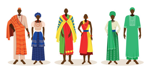 Obraz na płótnie Canvas Set of African people in tribal costumes. Men and women in traditional national clothes with accessories and headdresses. Residents of Nigeria. Cartoon flat vector collection isolated on white