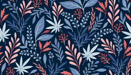 Abstract botanical seamless pattern. Repeating organic template with plant branches, leaves, red berries and flowers. Design element for wallpaper or print on fabric. Cartoon flat vector illustration