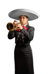 female mexican mariachi trumpetist woman smiling using a traditional mariachi girl suit on a pure...