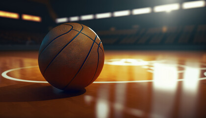 Basketball ball lies on the floor of an empty court created with generative AI technology - obrazy, fototapety, plakaty