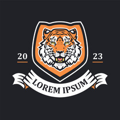 Tiger head emblem illustration template. Big cat shield mascot logo. Can be used for badges, banners, or merch.