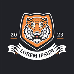 Tiger head emblem illustration template. Big cat shield mascot logo. Can be used for badges, banners, or merch.