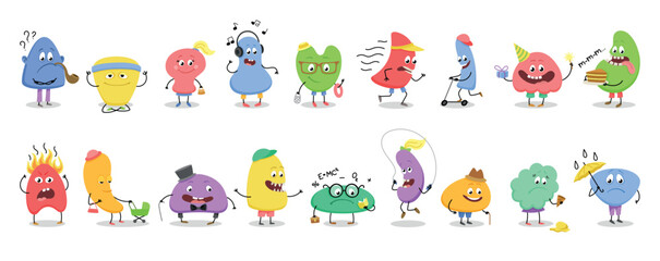 Set of abstract cute characters. Monsters or mascots made of simple geometric shapes express different emotions. Viruses or bacteria with varios items. Cartoon flat vector collection isolated on white