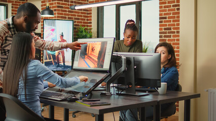 Diverse team of women developing machine component on cad software, using engineering infographics to create professional industry project. People thinking about creative content in office.