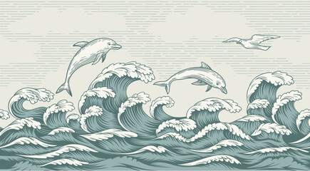 Seascape in retro style. Decorative poster with hand drawn waves, sea foam, dolphins and seagulls. Storm and wind in sea or ocean. Banner in asian vintage style. Cartoon flat vector illustration © Rudzhan