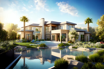 Fototapeta premium beautiful modern home, swimming pool, luxury house,