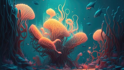Coral reef and fish digital art. Generative AI illustration.