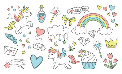 Fototapeta na wymiar Set of cute magical stickers. Doodle badges with unicorn, rainbow, stars, clouds, hearts and lettering. Design elements for nersery room. Cartoon flat vector collection isolated on white background