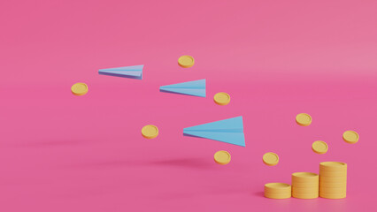 Rocket and coins on a blue background.The concept of earning money for business