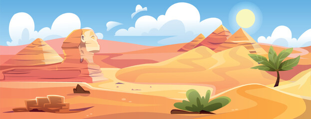 Fototapeta na wymiar Panorama of Egyptian desert. Beautiful Sahara desert landscape with sand dunes, sun, Pyramids of Giza, Sphinx and tombs of pharaoh. Dry and hot African climate. Cartoon flat vector illustration