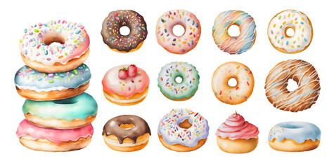 Colorful glazed donuts stack in watercolor style, top and side view. Chocolate, strawberry and white sugar icing with sweet sprinkles on doughnut set isolated on transparent background. Generative AI