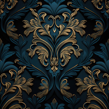 Geometric pattern with floral forms. Gold and dark blue texture. Simple lattice graphic design. Generative AI.