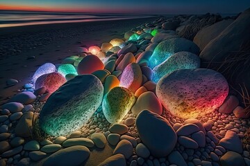 illustration, colored luminescent stones on the beach, ai generative
