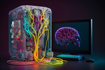 Human brain and computer neural connections. Generative AI