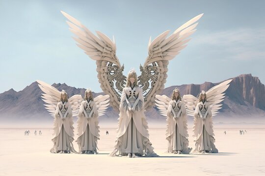 Alien angels in the desert with humans praying to them. Generative AI