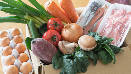 箱詰めされた食材｜肉や野菜の宅配サービス　イメージ - obrazy, fototapety, plakaty