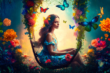Obraz na płótnie Canvas A woman sitting on a swing in a beautiful garden, with colorful flowers and butterflies all around - illustration - Generative AI