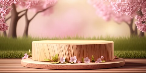 Wooden background podium for displaying products with cherry blossoms as background. Generative AI illustration