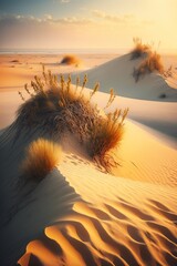 Wild sand dunes by the beach. Close up shot under the morning sunlight. Generative AI vertical illustration