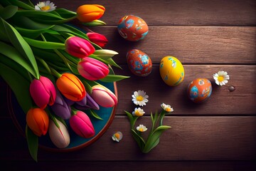 Easter eggs and tulips. Generative AI