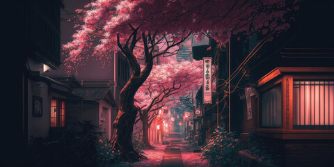 Fantasy Japanese night view city cityscape, neon pink light, residential buildings, big Sakura tree. Night urban anime fantasy setting downtown background. 3D illustration, generative ai