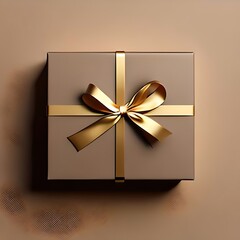 3D gift box, gold ribbon bow on beige pastel background. Present mockup for cosmetic product . Realistic gift with confetti . Copy space banner Birthday, valentine or Christmas 