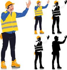 Obraz premium Construction worker holding smartphone wearing helmet and vest. Different color options. Worker silhouette. Hand-drawn vector illustration isolated on white. Full length view