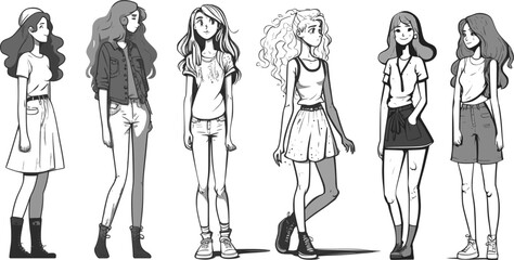 Set pack of teen women,sketch,isolated cartoon outline characters on white background,simple drawing