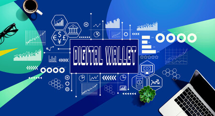 Digital Wallet - Digital self custody crypto enabled self custody wallet private keys with a laptop computer on a blue and green pattern background