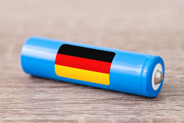 Flag of Germany on 18650 li-ion battery. Producing rechargeable accumulators in Germany
