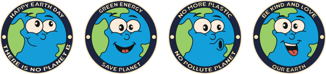 Collection of planet Earth environmental stickers with slogans - no planet B, energy saving, less plastic, kindness and love for the planet. Environment in trendy retro cartoon style. Ideas for Earth 
