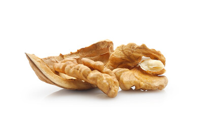 Peeled walnut, kernel with nutshell isolated on white close-up