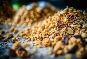 Fresh & Delicious: AI-Generated Granola Variety for a Healthy, Nutritious Breakfast - Displayed on a Rustic Wooden Table