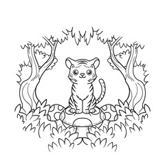 Cute tiger in the forest. Coloring book for children. Cartoon vector illustration.