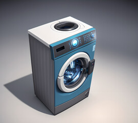 Small cute washing machine toy, 3D reference model. AI generated model reference image isolated on solid background - obrazy, fototapety, plakaty