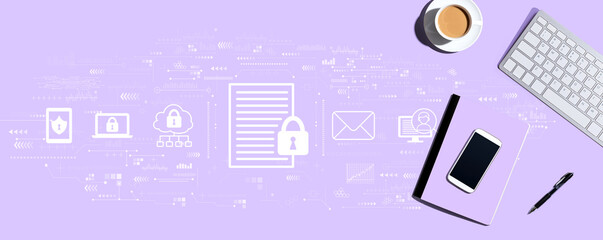 Data protection concept with a computer keyboard and office items