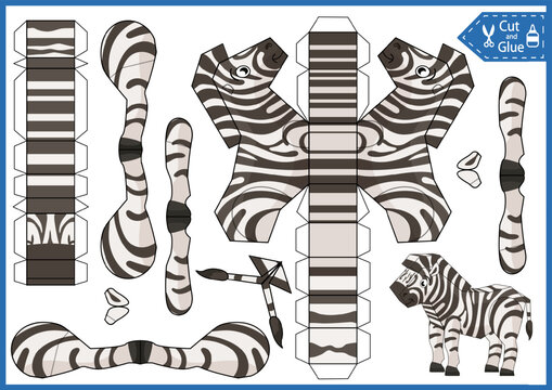 Kids craft game. Activity education page cut and glue paper 3d zebra. Printable papercraft template. DIY animal birthday décor.