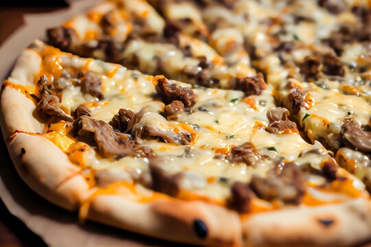 Close Up Of Philly Cheese Steak Pizza. Delicious Pizza Slice Illustration. AI Generated.