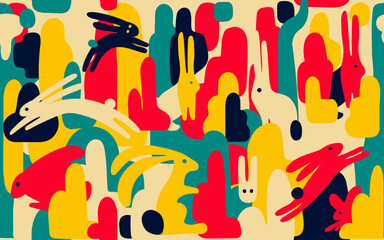 Fototapeta na wymiar Simple abstract psychedelic rabbits in a bright multi-colored magical forest. Contrasting trippy vector illustration. Seamless pattern.
