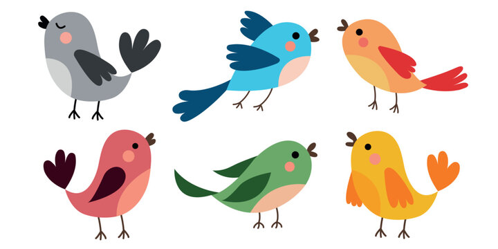 Set of small colorful birds. Spring cute birds with red cheeks. Vector illustration of birds for cards, posters, banners. Birds isolated on white background