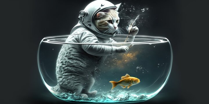 cat wearing spacesuit trying to catch a fish in a bowl of water, concept of Space Exploration and Problem Solving, created with Generative AI technology