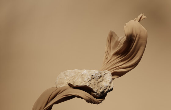 3D background. Podium,stone display. Beige luxury flying cloth in motion. Glamour minimal pedestal for beauty, cosmetic product presentation. Feminine mockup. Nude, brown template, studio 3d render