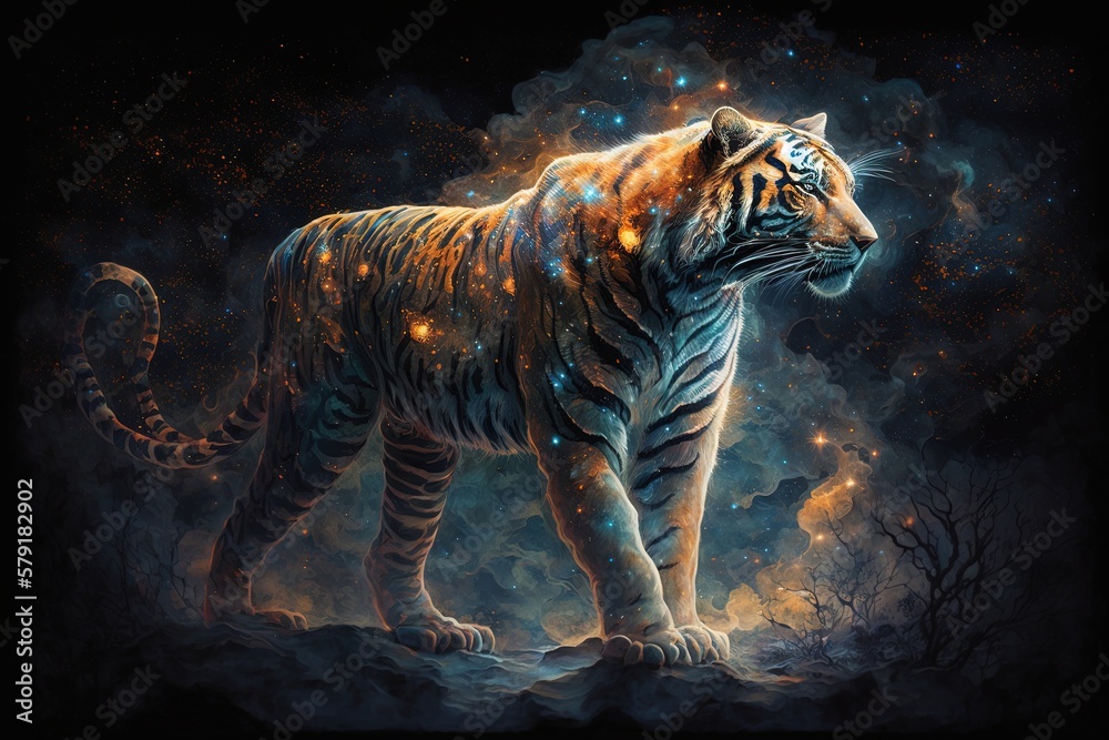 Poster the phantasmic majesty of the celestial tiger illuminated generative ai