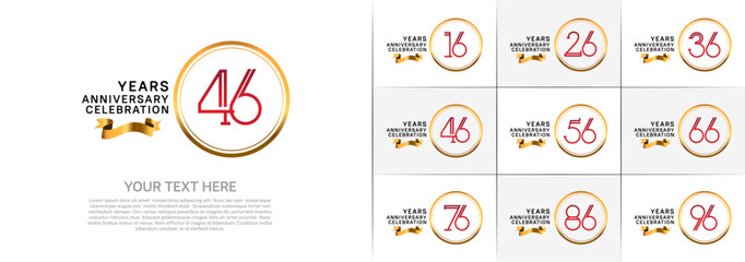 set of anniversary logotype red color in golden circle and ribbon for special celebration event
