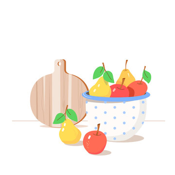 Cosy, pretty nook on kitchen worktop. Red apples and yellow pears lie in an enamelled bowl in blue peas. Wooden round chopping board stands upright. Dietary, healthy eating concept. Vector. 